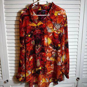 LYS PLUS SIZE COLORFUL SHEER ARTSY BUTTON UP HI LOW ROLL TAB BLOUSE